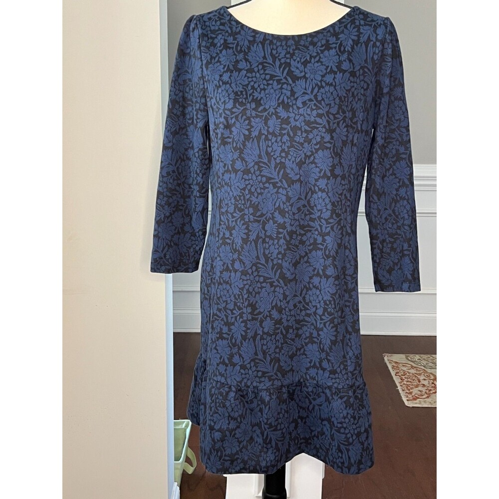 Loft Jacquard Print Dress with Ruffle Hem Blue/Black Sz 10